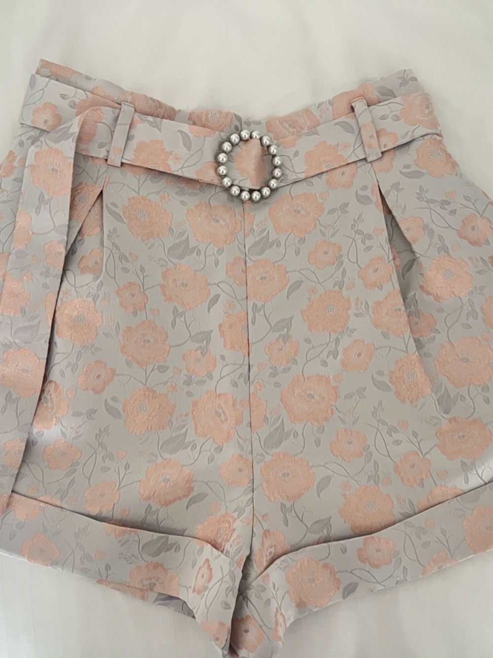 MAJORELLE Floral Jacquard Belted Women’s Shorts in Peach
